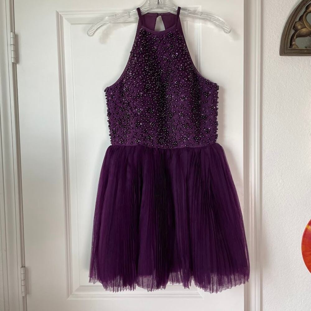 Purple Beaded Halter High Neck Open Back Short Tulle Skirt Formal Dress